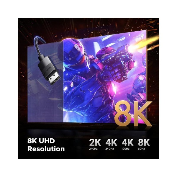 UGREEN 80390 DisplayPort 1.4 Male to Male Braided Cable 1m - 8K 4K 2K Dynamic HDR HDCP 2.2 - Packshot 2