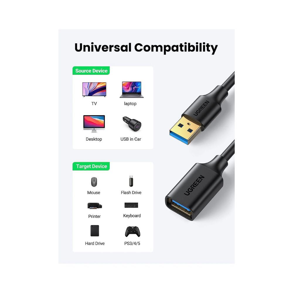 UGreen USB 3.0 A Male to Female Extension Cable 2m Black - Packshot 2
