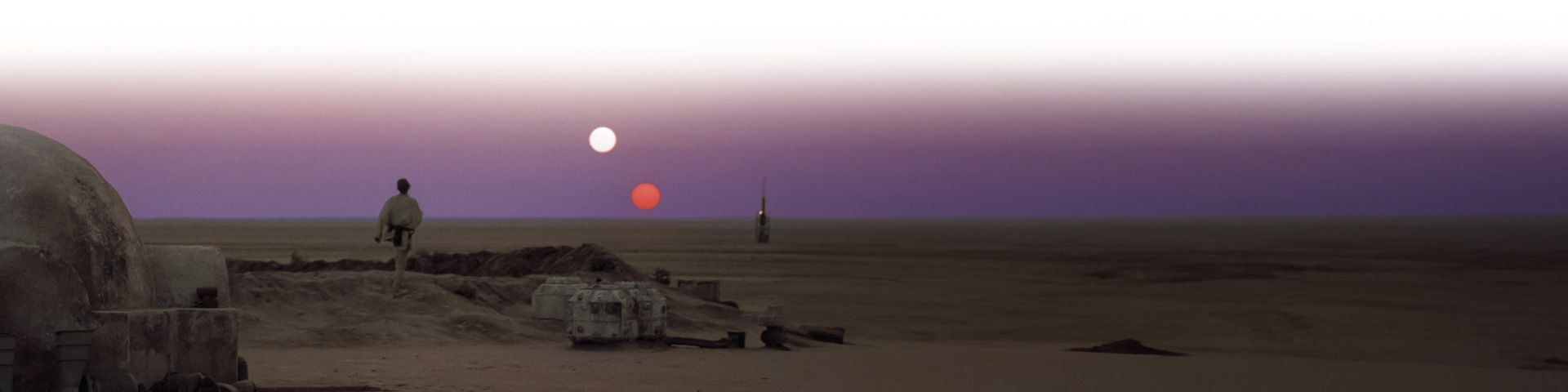 Luke at the Tatooine homestead looking out at the twin suns