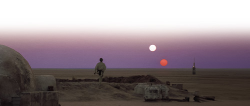 Luke at the Tatooine homestead looking out at the twin suns